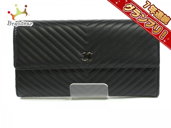 シャネル 長財布 黒 Vステッチ/シルバー金具/ココマーク CHANEL 