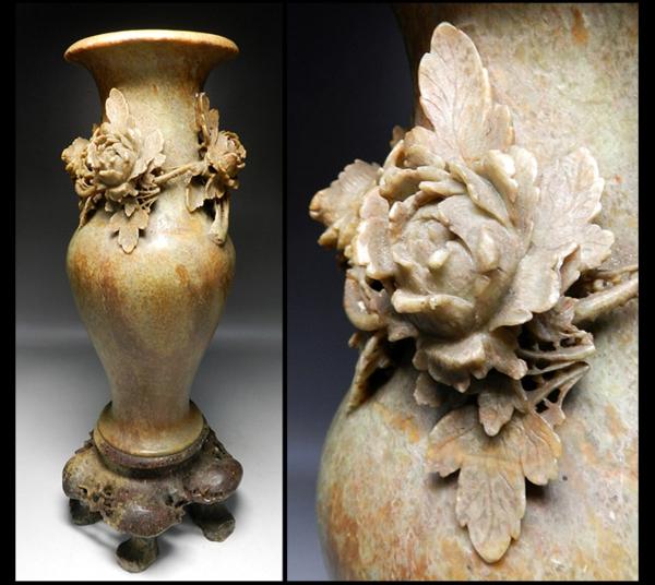 中国工芸朱泥 浮彫 山水文 花瓶 飾り台付き 緑屋*亀□中国 寿山石 細密 花彫刻 花瓶/高さ：約35.5cm*8 西V188 中国