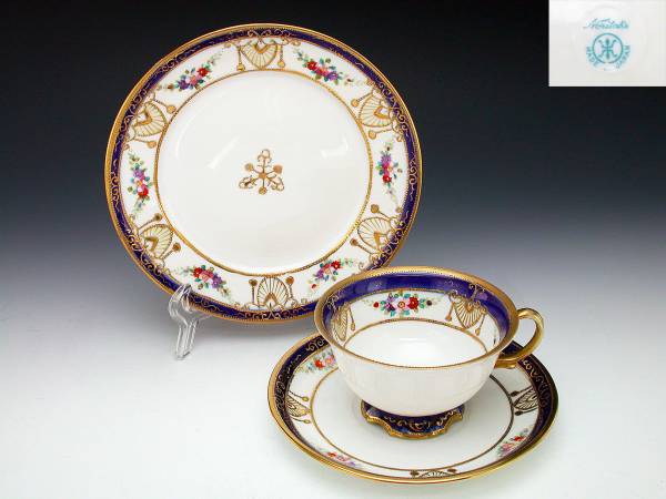 オールドノリタケ銘品　金盛上藍帯連鎖装飾紋　カップ＆ソーサー＆プレート　トリオ オールドノリタケ・金盛上藍帯花連鎖縄紋 キャビネットトリオ オールド