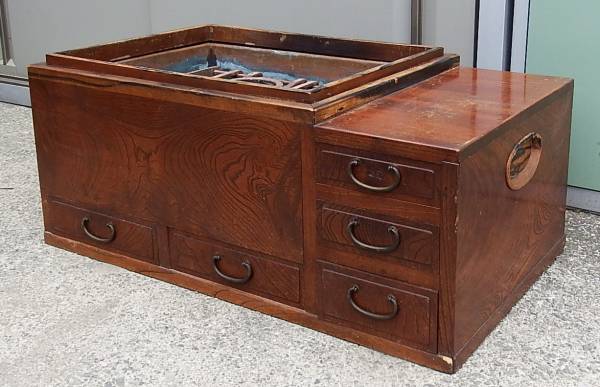 当時物/レトロ/机型火鉢/ひばち/引出し付/棚/幅76cm /B1686
