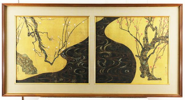 169269k4 尾形光琳 肉筆金紙に日本画 模写大作「紅白梅図屏風」 xvpbvx
