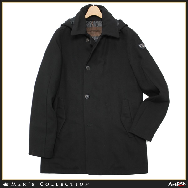 1円 HISTORIC◆黒ツイルItaly製 撥水フード付コートh749*L新品