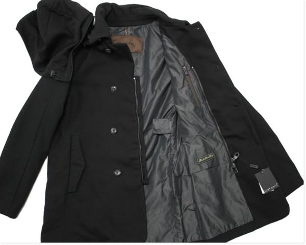 1円 HISTORIC◆黒ツイルItaly製 撥水フード付コートh749*L新品