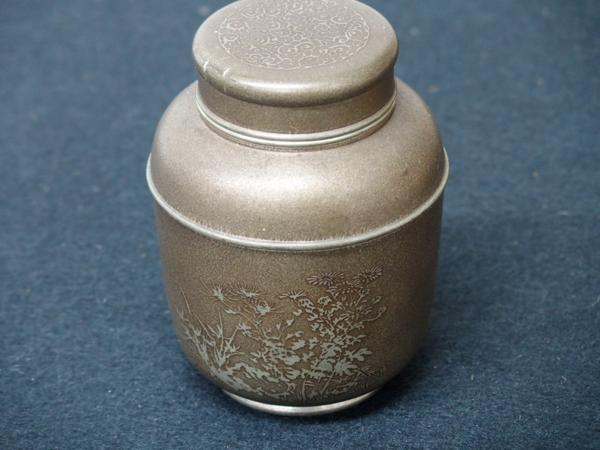 ☆骨董品 勝章 錫製唐草蓋四君子紋茶壺 銘有 梅柄茶托5客 茶道具 工芸
