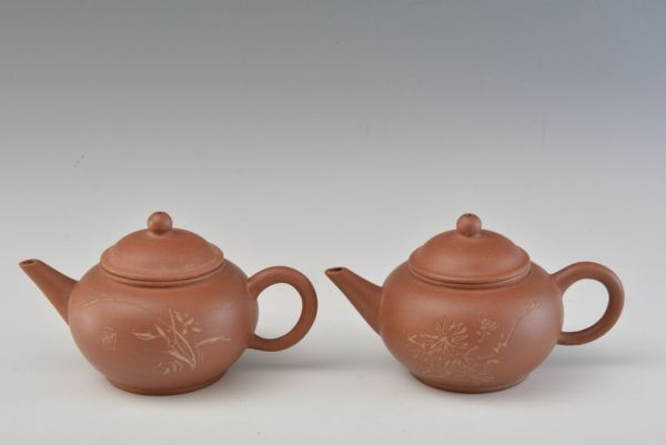 T0002785 中国宜興 菊・蘭彫朱泥茶壷・急須 計226g 【公式通販】