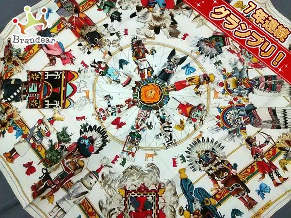 エルメス スカーフ 美品 カレ 白×黒×マルチ HERMES