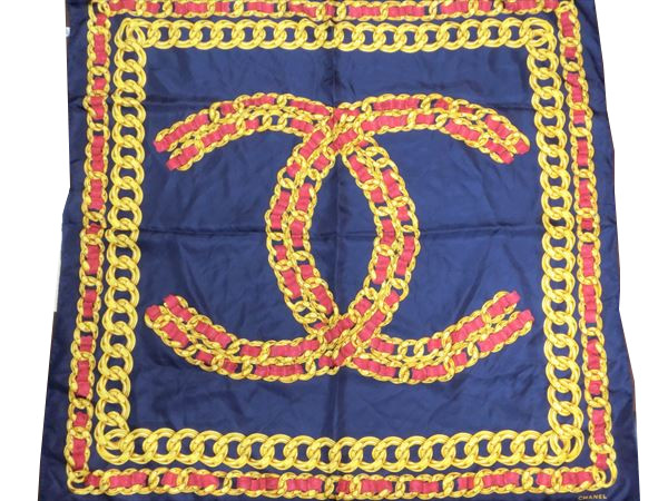 正規品!シャネル 大判スカーフ シルク チェーン ココ 紺 ロゴ♪