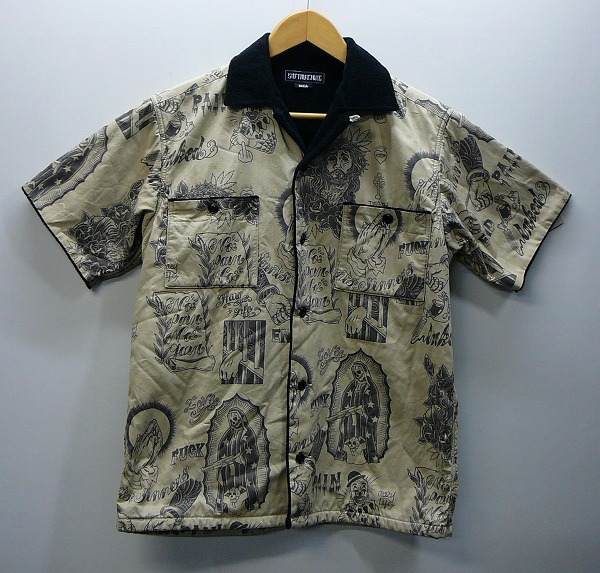 ◇m SOFTMACHINE 裏パイル スカル マリア 総柄 シャツ S