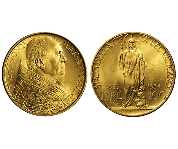 バチカン　100リラ金貨　1933-34年　未使用品　ピウス11世