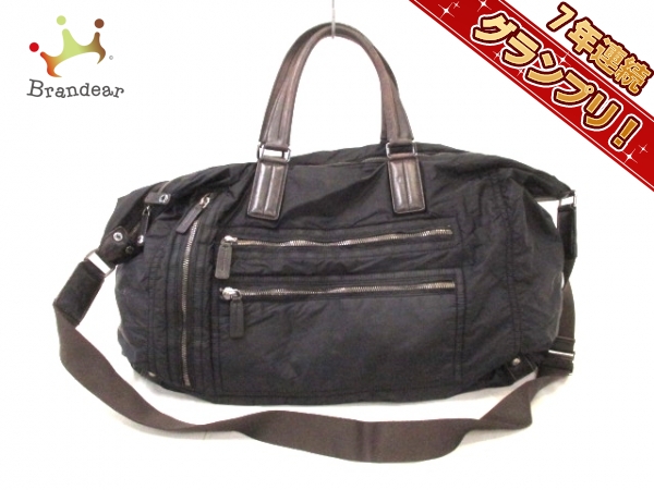 トッズ ボストンバッグ 黒×ダークブラウン ナイロン×レザー