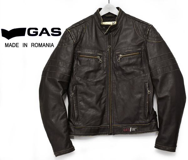 定価10万 ルーマニア製 ガス GAS 牛革 加工 レザーライダースJKT