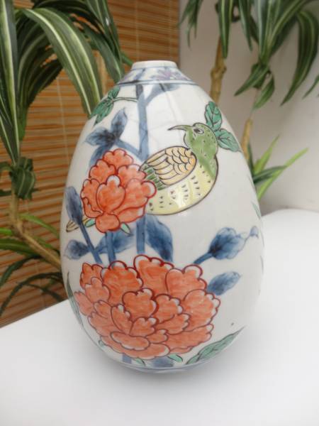 有田焼 染錦 花鳥文 花瓶 花入 陶器　佐藤走波 ☆有田焼の名匠/五代 佐藤走波/六十六歳/染錦花鳥紋花入/つぼ/花瓶