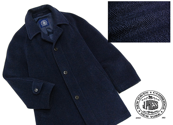 美品 ジェイプレス J.PRESS カシミヤ混 ヘリンボーン織り 肉厚メルトンウールコート 紺/M