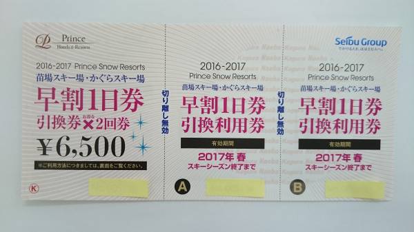 苗場スキー場・かぐらスキー場　早割1日券引換券×2回分