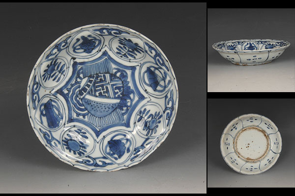 ■見事な絵付け！古染付花寶紋盤　明時代　直径14㎝■ tot2