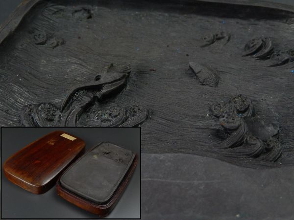 中国古玩 大型彫刻硯 端渓硯 子昴刻 台付 中国古玩 唐物