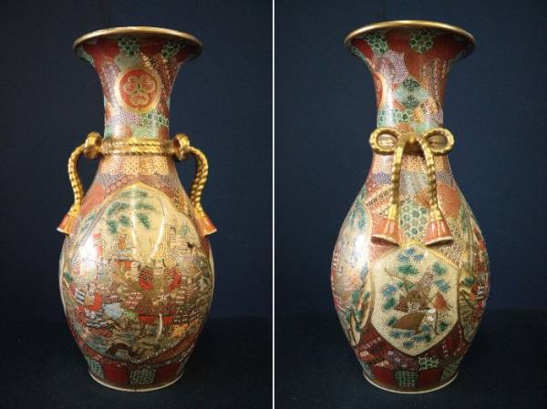 薩摩焼 金襴手 金彩 色絵 豪華絢爛 細密 武者図 美人画 飾壺 花瓶