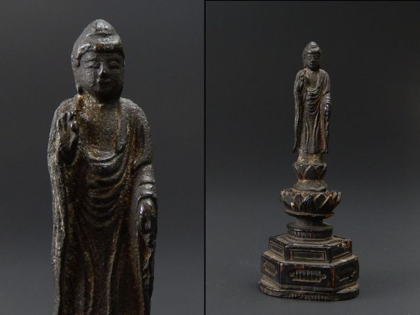 仏教美術 古銅造 阿弥陀如来 立像 仏像 豆仏 木製台 本時代物 古作