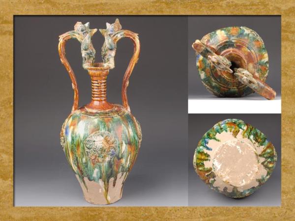 【財宝中国】中国古陶 唐三彩龍耳壷a