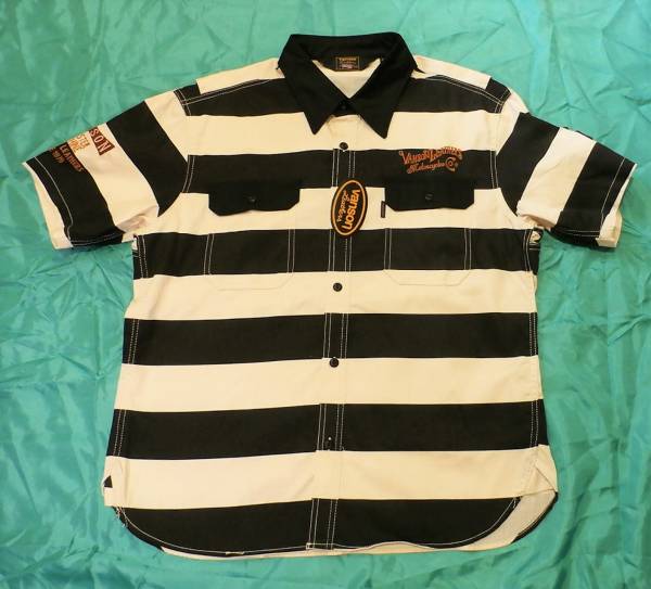 送料200円新品(XL)定価12，744円【VANSON[バンソン]ツイルワーク ボーダー 半袖シャツ/NVSS-601】バイカー アメカジ