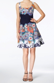 新品【ナインウエスト】美シルエットプリントドレスワンピース6/11号ネイビー