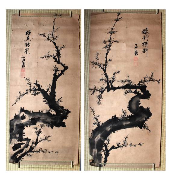 横幅 梅花図 蒋廷锡 掛け軸 四尺 手描き作品 中国美術 安 竹泉 絹本大幅 梅花山水図 明治三十年作 中国唐画風