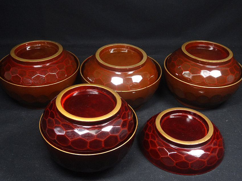緑屋*南□r 時代漆器 蒔絵 吸物椀 五客 流水紅葉紋 / 緑屋*南□r 時代漆器 蒔絵 吸物椀 五客 流水紅葉紋 /