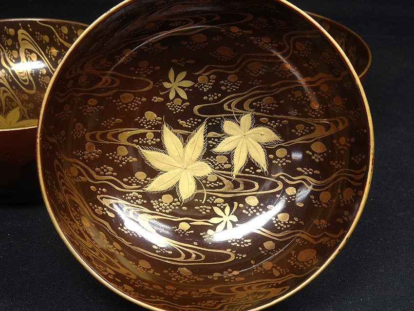 緑屋*南□r 時代漆器 蒔絵 吸物椀 五客 流水紅葉紋 / 緑屋*南□r 時代漆器 蒔絵 吸物椀 五客 流水紅葉紋 /