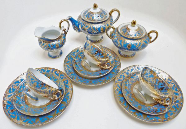 Po95 オールドノリタケ 桐紋マーク 1921+ 金盛上幾何学模様装飾 水色ベース ティーセット 14pcs 米国 里帰り 陶器 美術陶器 骨董