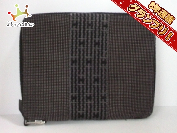 エルメス HERMES 財布 ポリアミド×ポリエステル ダークグレー×黒 ラウンドファスナー エールライン パースPM