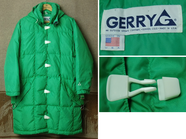 グリーン/80s GERRY ダウンジャケット スロープ コート MADE IN USA フード パーカ★ビンテージ ジェリー グースダウン 古着 60s70s90s