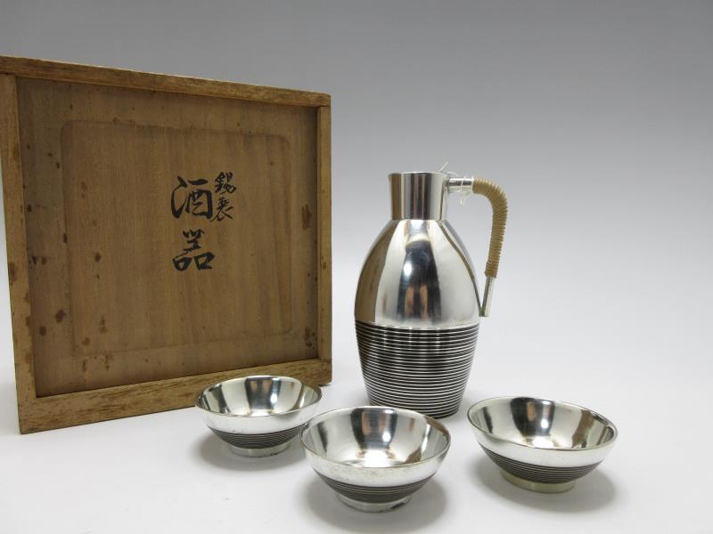 KZ10056 ＜ 錫半 酒器揃 ちろり 猪口 盃 杯 3客 共箱 未使用 ＞ 検) 錫