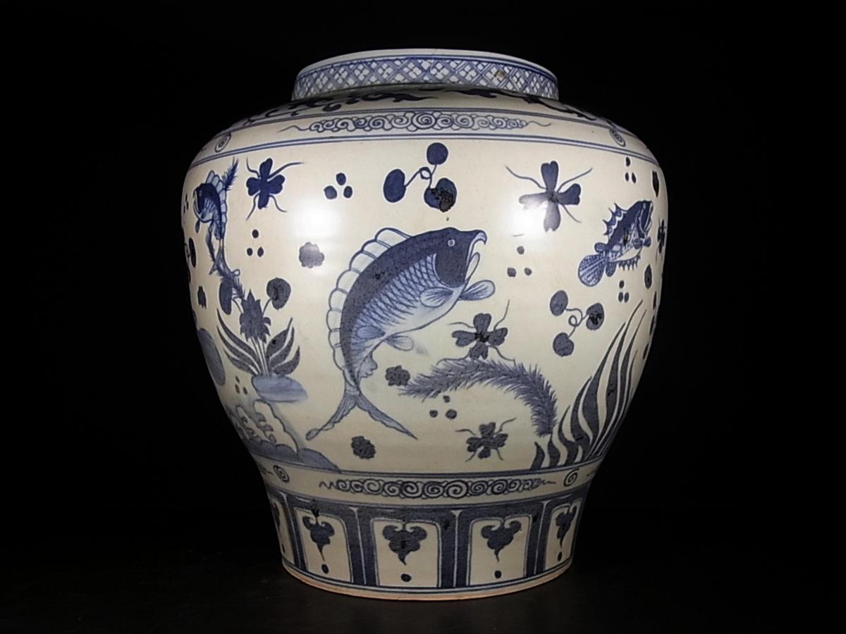 董芸】中国古玩 青花 元染付 蓮池魚藻文壷 花瓶 高38cm [O23l] 董芸