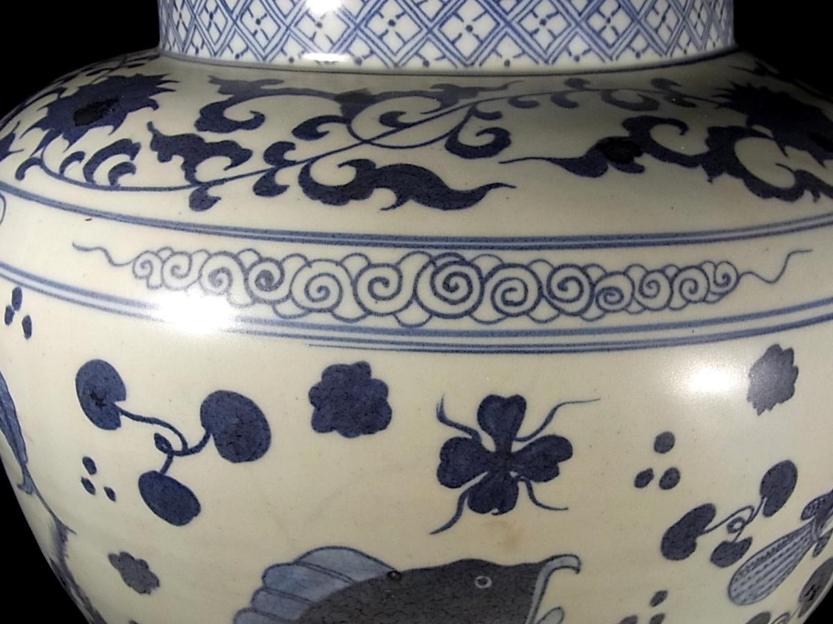 董芸】中国古玩 青花 元染付 蓮池魚藻文壷 花瓶 高38cm [