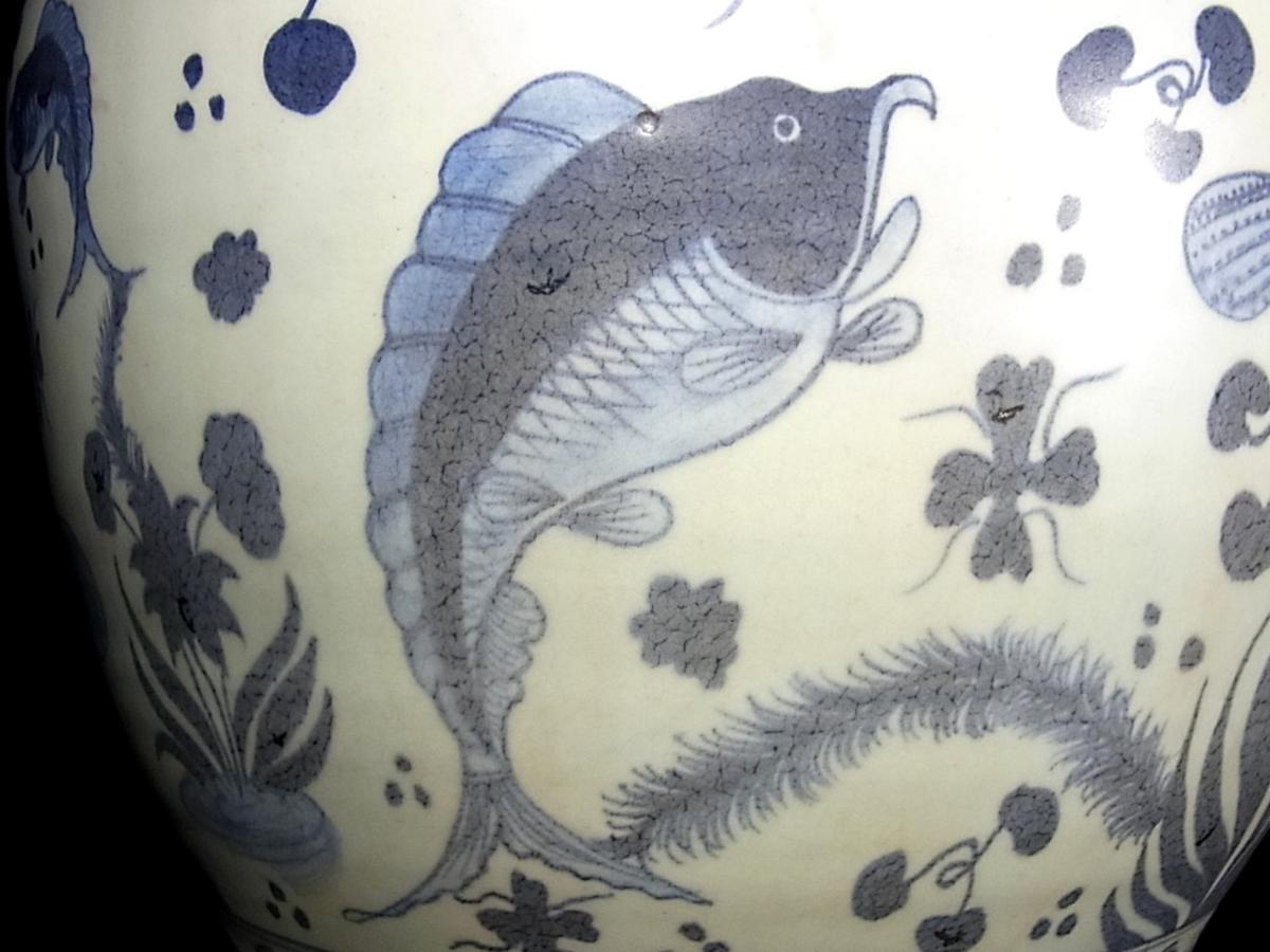 董芸】中国古玩 青花 元染付 蓮池魚藻文壷 花瓶 高38cm [