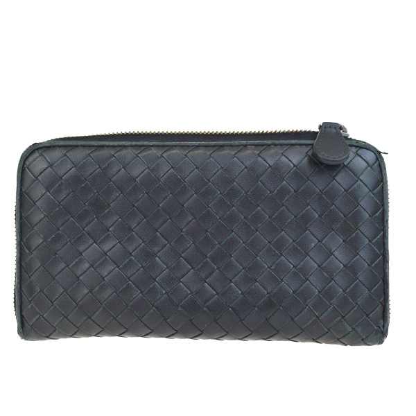 【中古】 ボッテガヴェネタ BOTTEGA VENETA イントレチャート ラウンドファスナー 長財布 ブラック レザー 07Q070