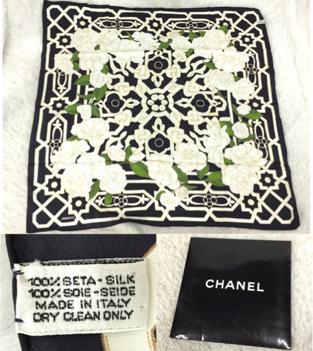 シャネル CHANEL 花柄 シルク スカーフ 正方形 黒系 レディース
