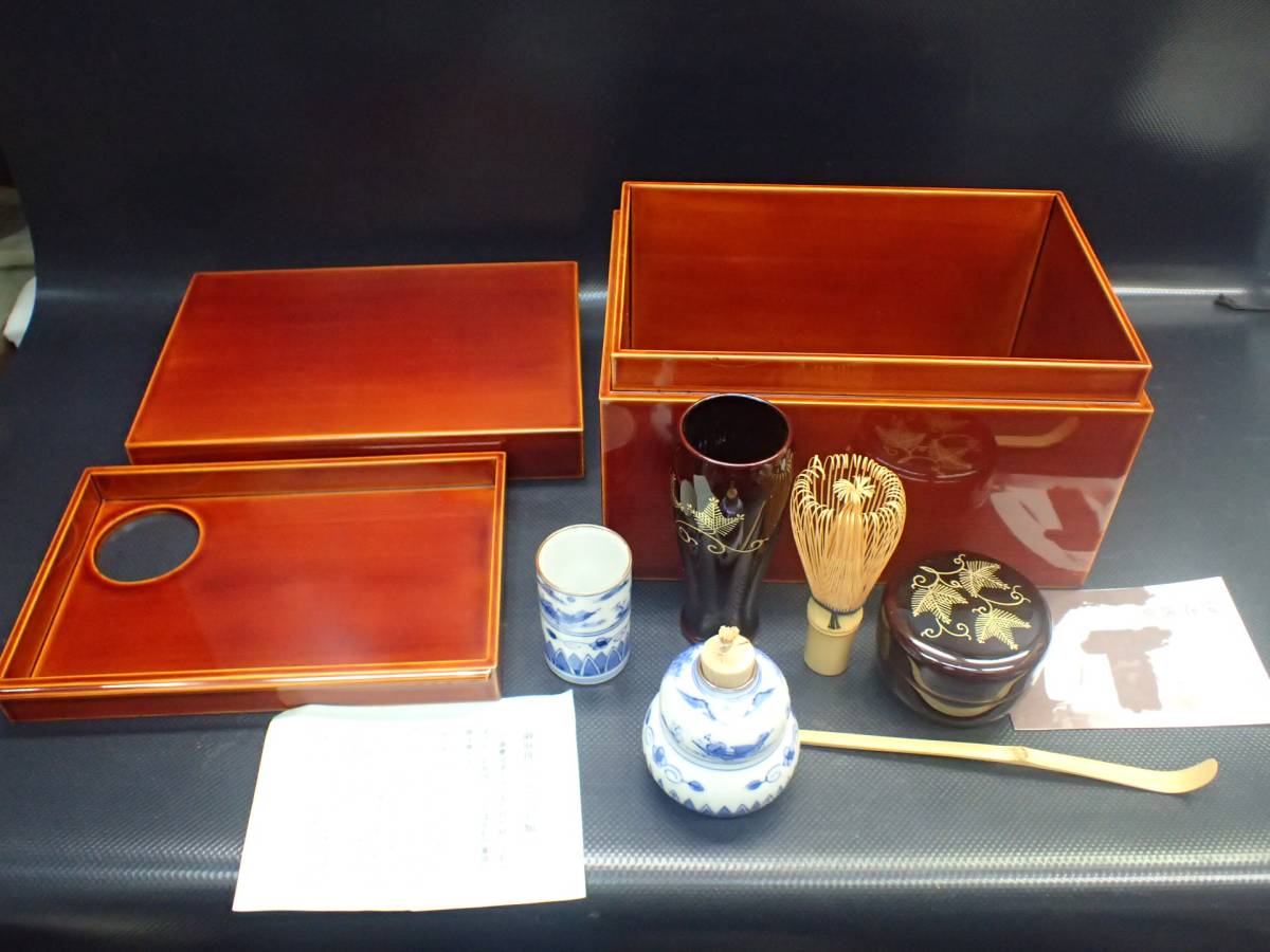 飛騨春慶塗 茶箱一揃い 象牙茶杓 仕覆（正倉院 双鳥華