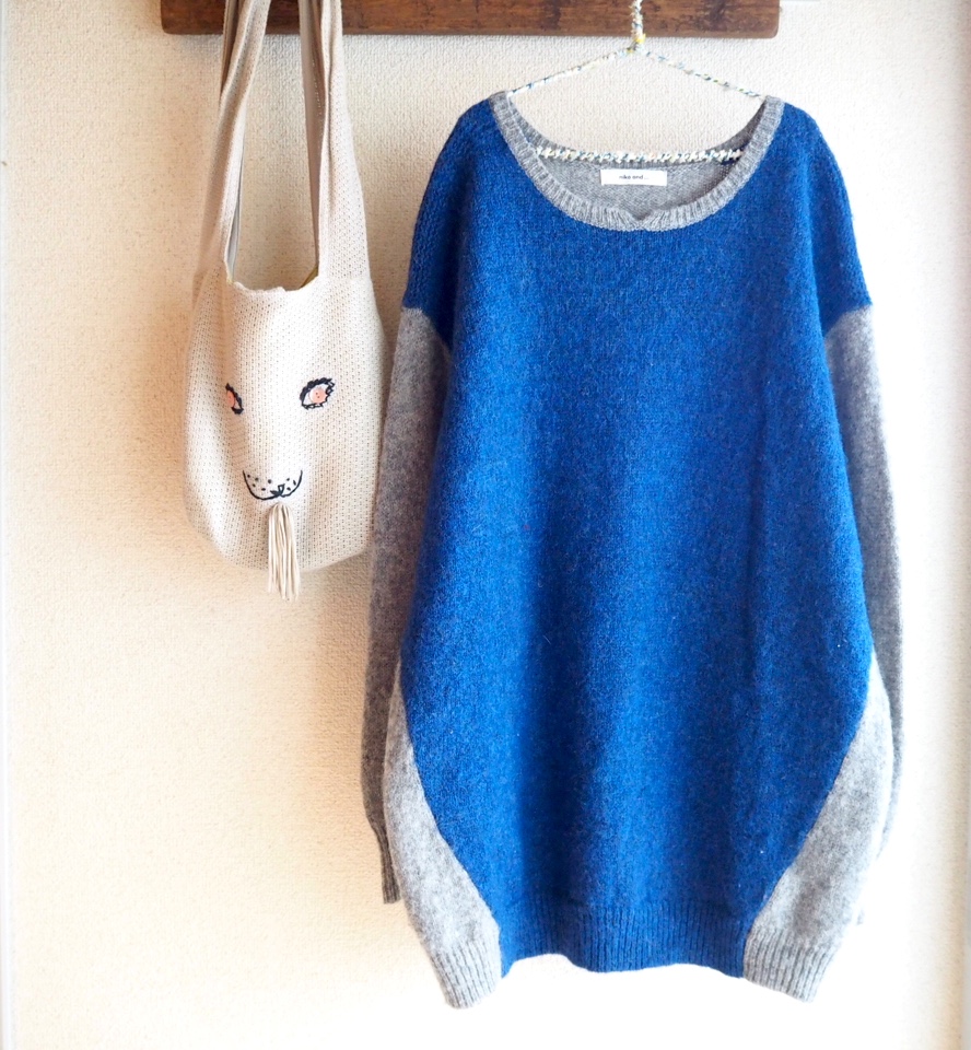 ＊ニコアンド niko and...＊ウール100% 肩落ちニットチュニック バイカラー ブルー×グレー