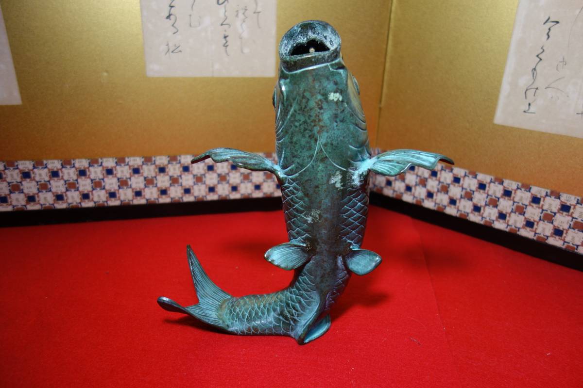 旧家蔵初出　金工師作　宣徳青銅立鯉紋花生　花入　花器　