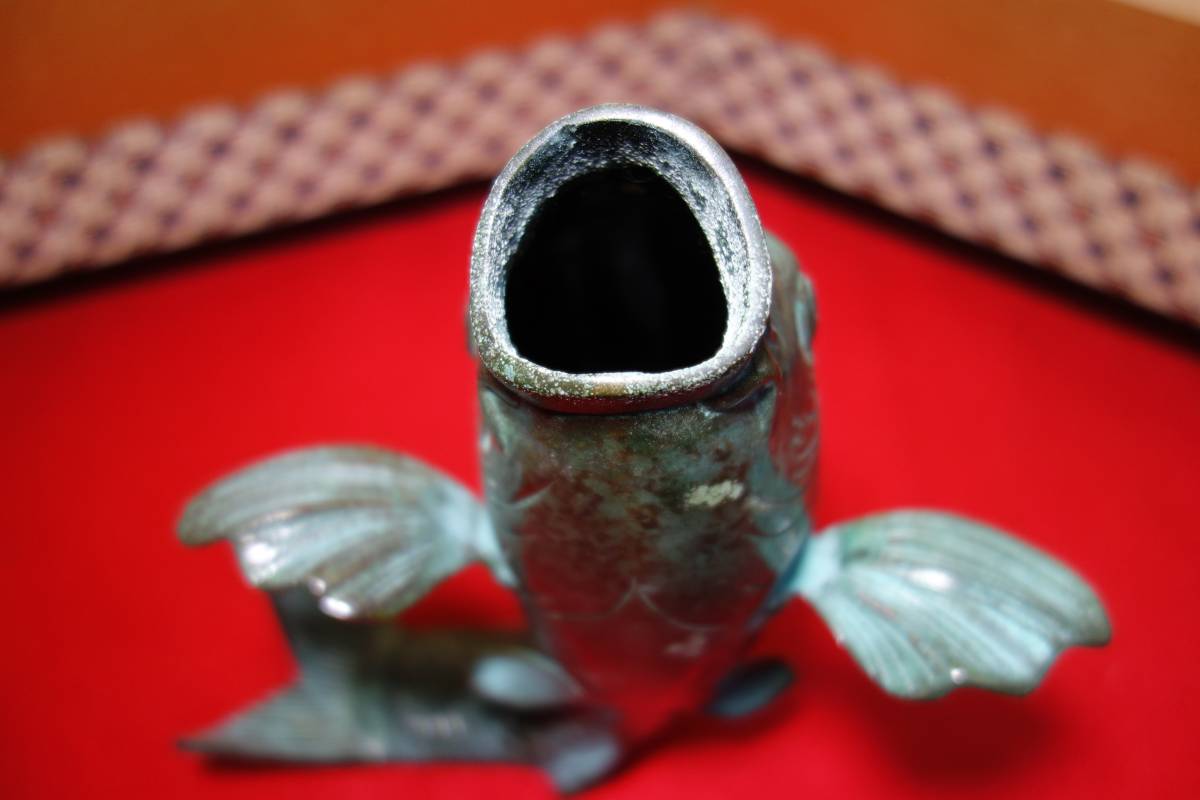 旧家蔵初出　金工師作　宣徳青銅立鯉紋花生　花入　花器　