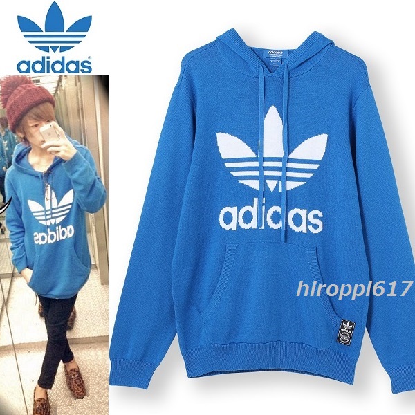 人気SALE，お得 adidas Originals 日本限定正規品 トレフォイル ロゴ ニット パーカー 限定色 ブルー 男女兼M アディダス オリジナルス KNIT HOODIE(ジャンパー、ブルゾン)｜売買されたオークション情報、yahooの商品 男性用