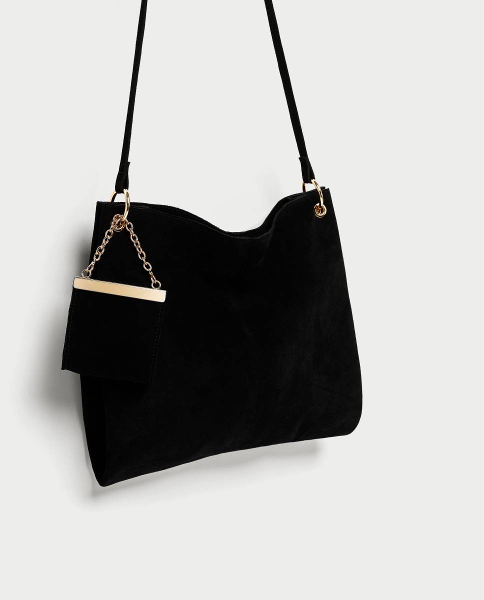 低価，送料無料 タグ付 ZARA 新作17AW 本革 レザー コインケース付きスエード加工ショルダーバッグ 黒 今季今期デザインボストン チャーム小バッグ(女性用)｜売買されたオークション情報、yahooの商品情報を 女性用