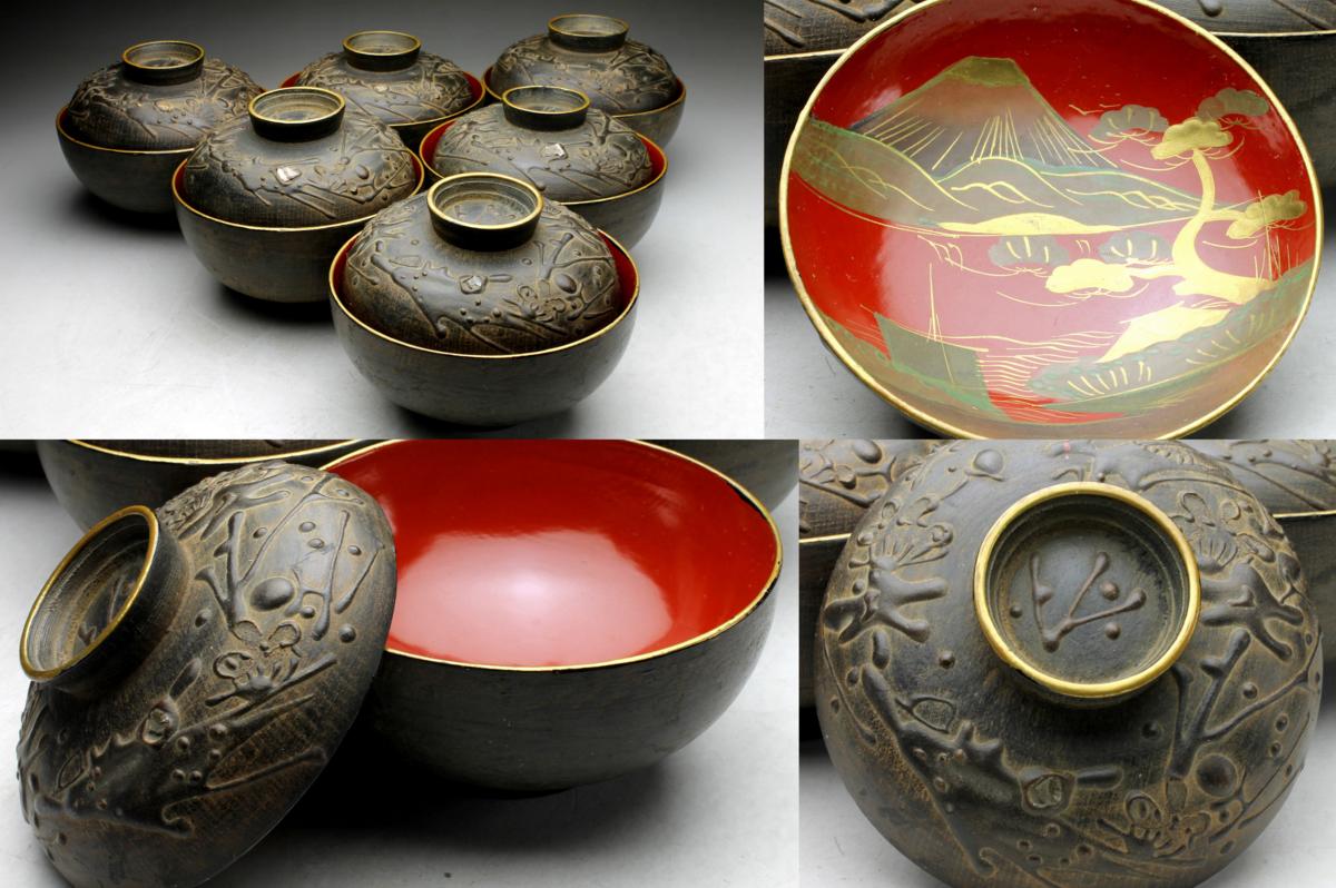 木製漆器 輪島塗 五客 ⁄ 漆芸 柿蒔絵 黒塗御吸物椀 秋 CK72 果物 黒塗