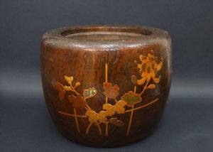 美品 時代 桐火鉢 秋草蒔絵 火鉢 螺鈿入り 茶道具 骨董品 木製火鉢 100