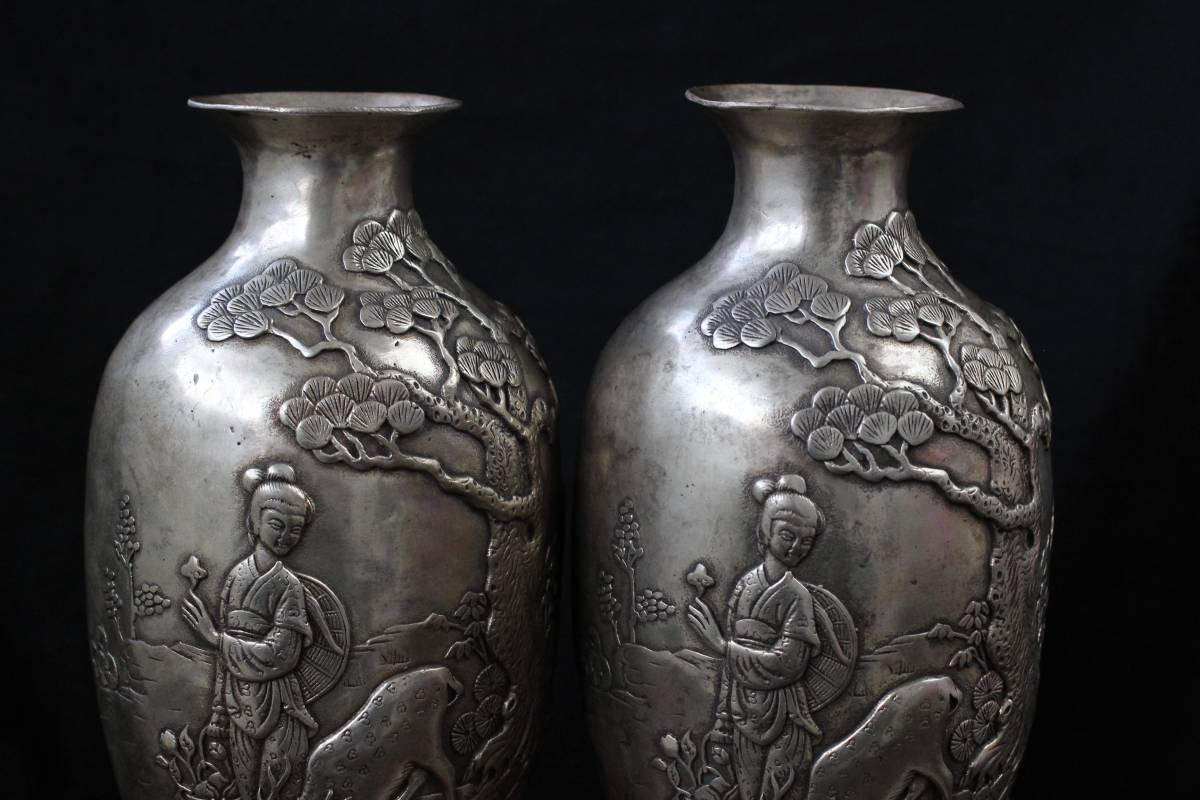 0218fu1279】中国骨董品 清 時代唐物 銀制【人物】賞瓶2点 中国古美術