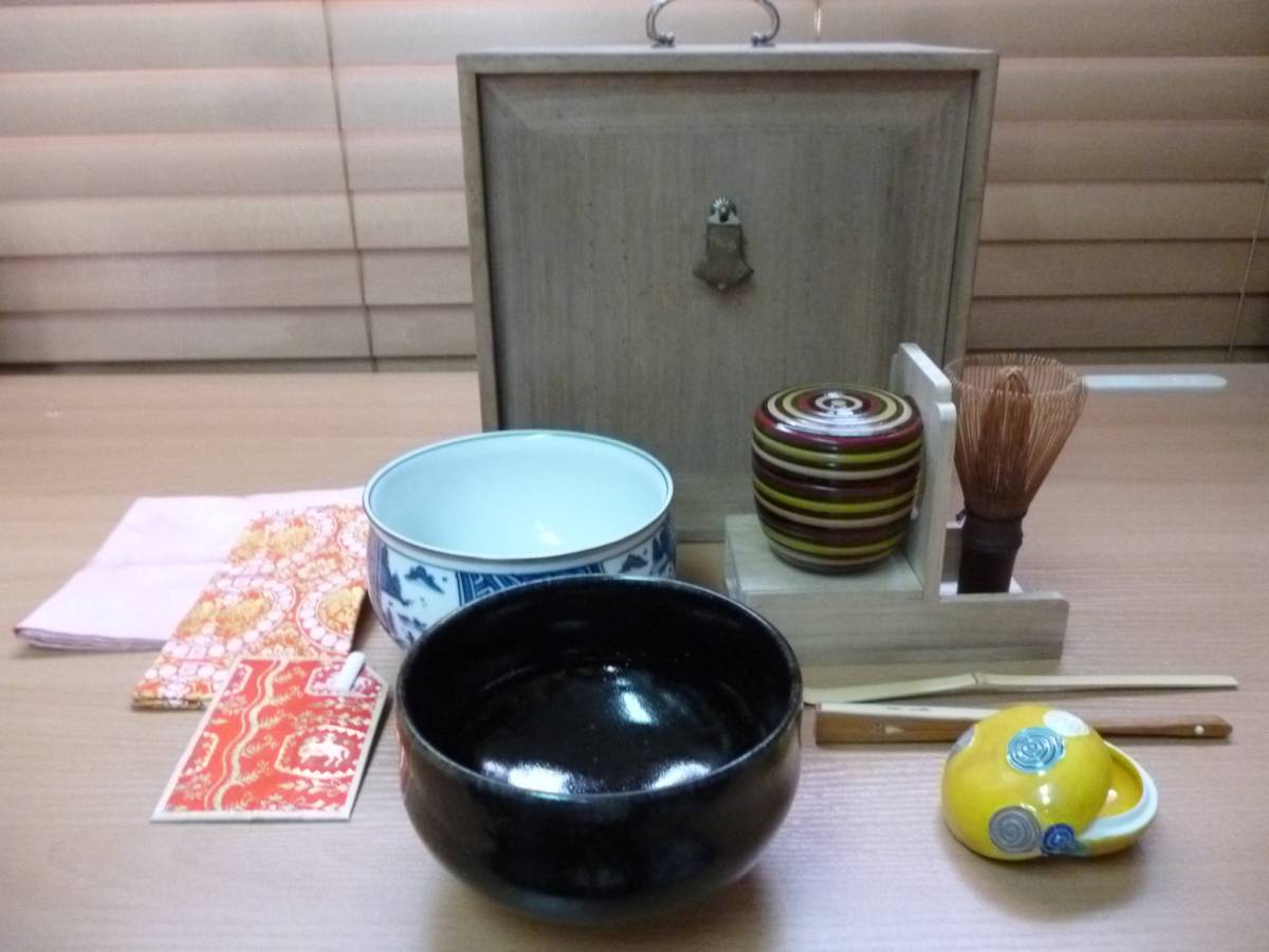茶道お手前セット 茶碗/建水/茶筅/茶杓/なつめ/香合/木箱入 茶道具 茶筅 棗