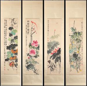 中国美術 中国画 近代画家「齊白石 花果草蟲図」四幅 肉筆紙本 ☆掛軸