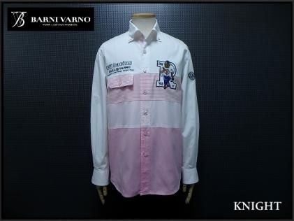 BARNI VARNO レーシングデザイン コットンシャツ・L●バーニ ヴァーノ/メンズ/ピンク×白/刺繍 ピットシャツ：＠