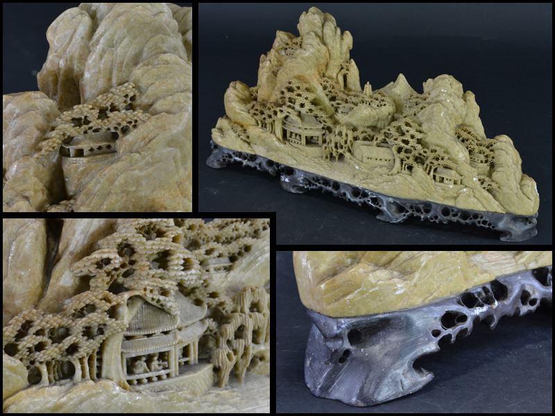 伝統工芸 工芸美術 レトロ 中国美術 古玩 高級置物 ＊楼閣山水雕 玉石